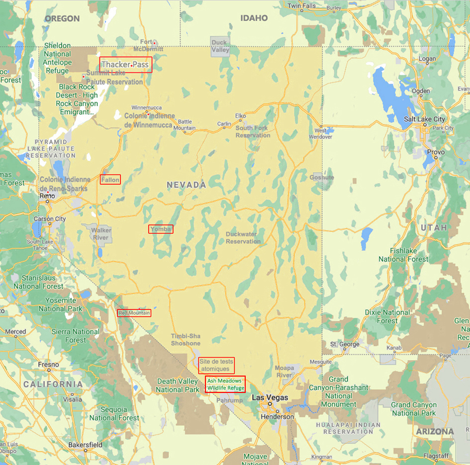 Nevada: Réserves et sites de conflits
Lithium, nucléaire, etc.
Keywords: thacker pass nevada;carte nevada;map nevada;thacker pass et site tests atomiques;shoshone;paiutes