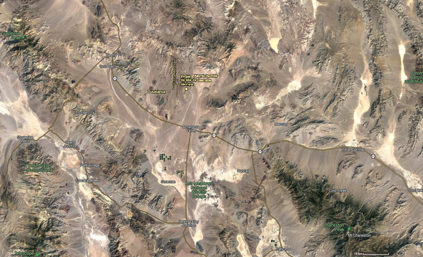 Région de Yucca Mountain
Projet de site d'enfouissement profond de déchets hautement radioactifs
Keywords: yucca mountain;déchets nucléaires;Shoshone;Paiute;site de tests nucléaires dans le Nevada;nevada;shoshone contre site d&#039;enfouissement de déchets radioactifs