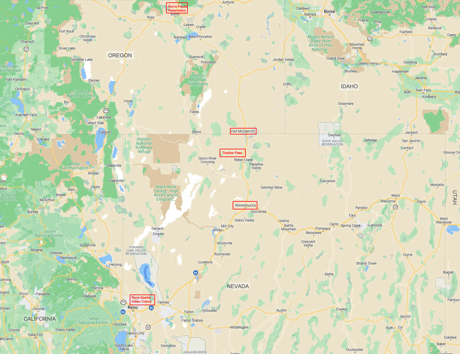 Nord du Nevada, sud de l'Oregon
Tribus impliquées dans l'action en justice contre le projet de mine de lithium à Thacker Pass
Keywords: Thacker Pass;lithium;lithium americas;paiutes contre lithium;laver plus vert;shoshone contre lithium;luttes autochtones contre lithium