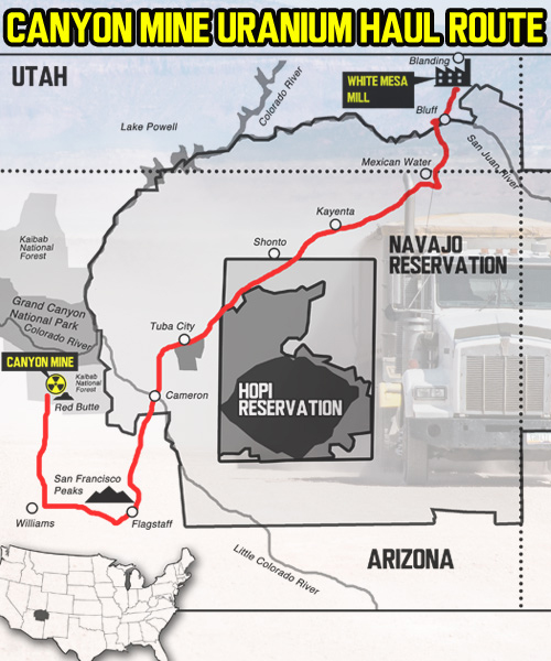 Carte du projet de transport entre Canyon Mine et White Mesa
Carte "Haul NO!"
Keywords: Haul NO!;contre le transport d&#039;uranium dans la réserve navajo;luttes contre canyon mine;mine du canyon